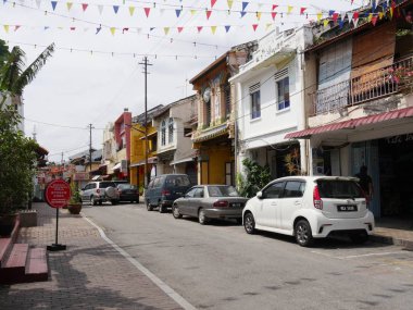 Malacca, Malezya--Şubat 2018: Jonker Street buntings ile dekore edilmiş, Malacca en popüler konumlar biri. 