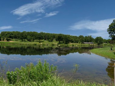 Davis Chickasaw Ulusal Rekreasyon Alanı suda yansımaları ile bir gölün nefes kesen görünümü, Oklahoma 