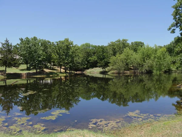 Vista Panorâmica Por Lago Com Árvores Refletidas Água — Fotografia de Stock
