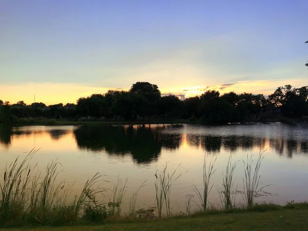 Σιλουέτες Δέντρων Που Αντανακλώνται Στη Λίμνη Κατά Ηλιοβασίλεμα — Φωτογραφία Αρχείου