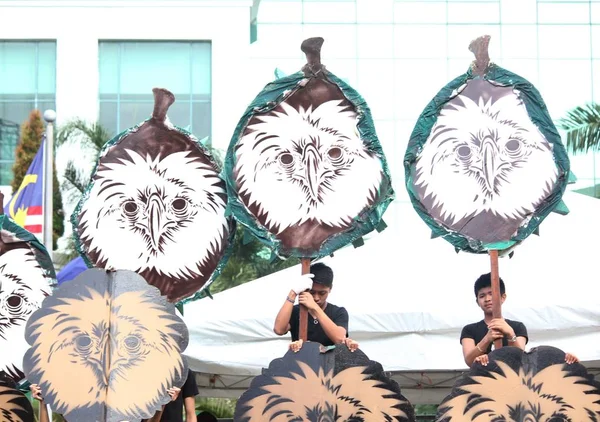 Davao City, Filipinler-Ağustos 2014: Sokak dansı katılımcılarının yakın çekim bir performans için sahne olarak durian meyve ve Filipin kartal sembolleri taşımak. 