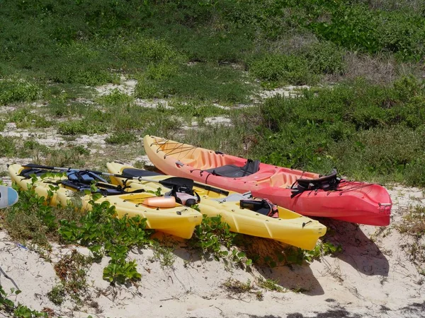 Colorful Kayaks Lined Grassy Patch Beach — Stock Photo, Image