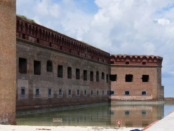 Moat Reflekterande Sida Fort Jefferson Med Varningsskyltar Bankerna — Stockfoto