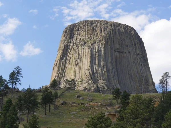 Amerika'nın ilk ulusal anıtı olan Wyoming'deki Devils Kulesi'nin yukarı doğru görünümüne yakın.