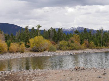 Sonbaharda renkli ağaçların etrafını suyla kapatın. Colorado 'daki Summit County' de, Dillon Gölü 'nde, arka planda karla kaplı dağ zirveleri ile birlikte..