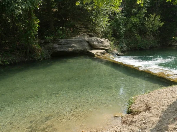 小さな滝に流れる清らかな水と森の中の小川 — ストック写真