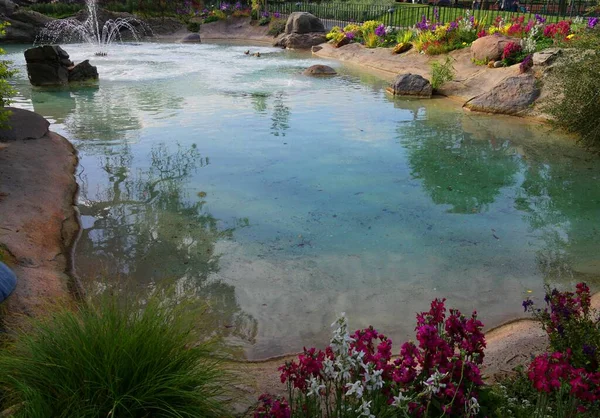 Piccolo Stagno Circondato Fiori Colorati Con Una Fontana Acqua Una — Foto Stock