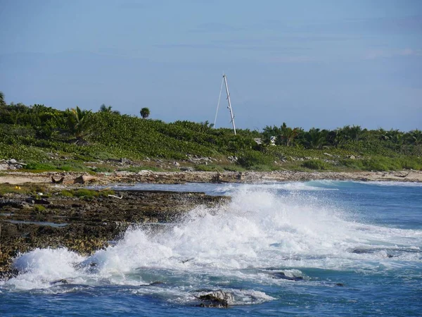 Olas Estallan Contra Costa Rocosa Una Playa Con Árboles Verdes — Foto de Stock