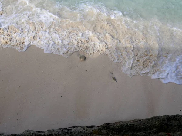 Small Foaming Waves Gently Pulling Back Ocean Soft White Sand — Stock Photo, Image