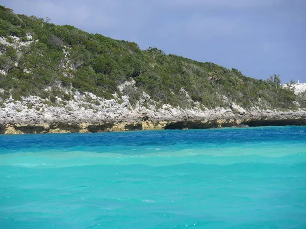 Isla Rocosa Cubierta Verdes Exuberantes Con Los Diferentes Tonos Aguas —  Fotos de Stock