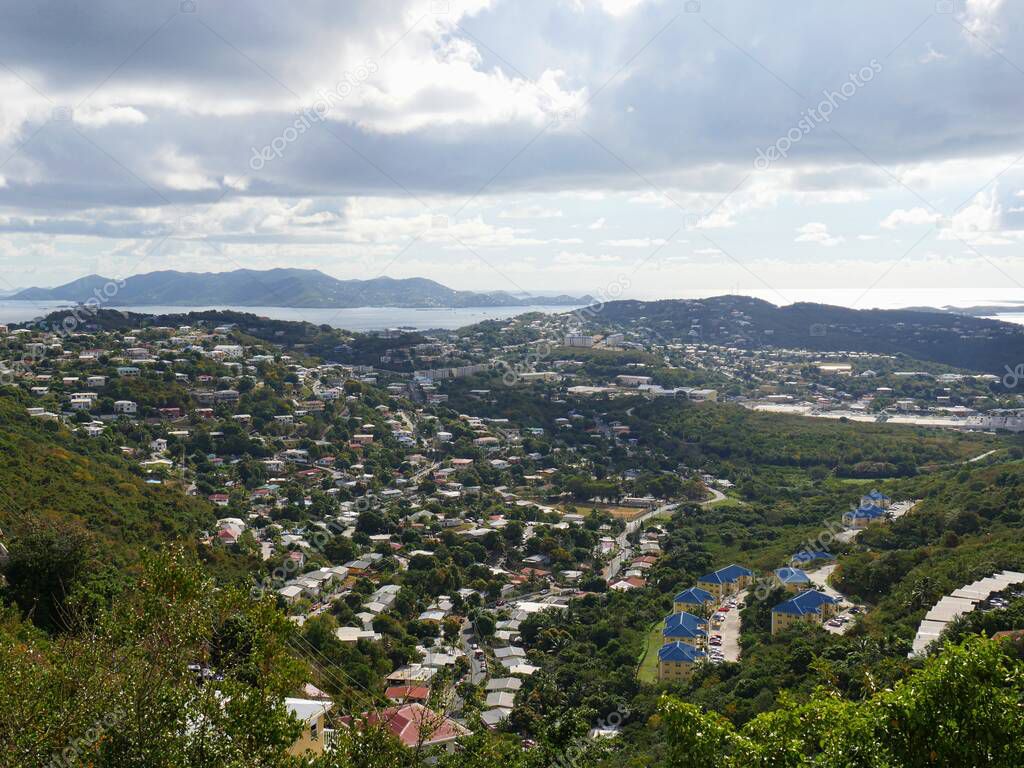 View of St. Thomas in the US Virgin Islands from an overlook, with St. John in the far distance. 