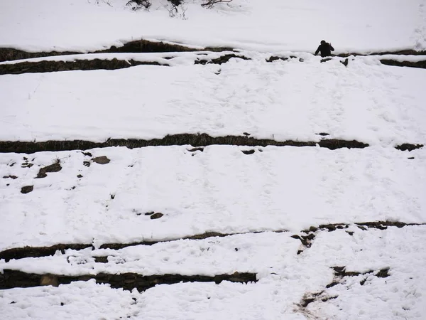 Lagen Flauschig Weißer Schnee Bedecken Den Berghang Solang Valley Himalaya — Stockfoto