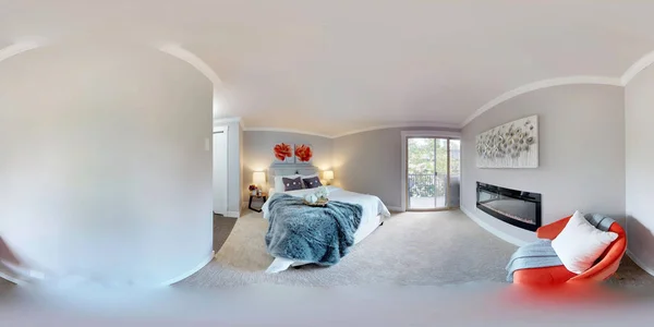 3d illustration spherical 360 degrees, a seamless panorama of luxury bedroom with fireplace in modern apartment.