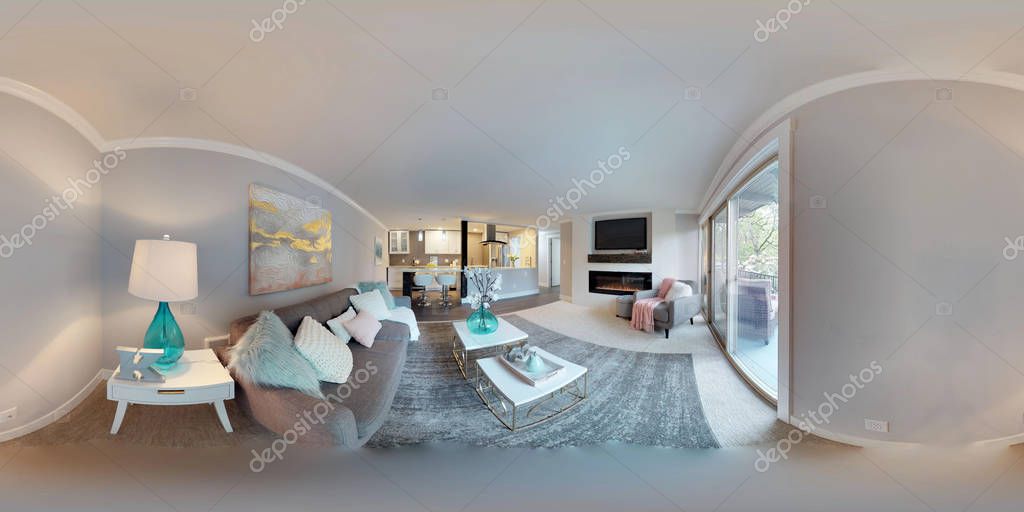 3d ilustración esférica 360 grados, un panorama sin fisuras de la sala
