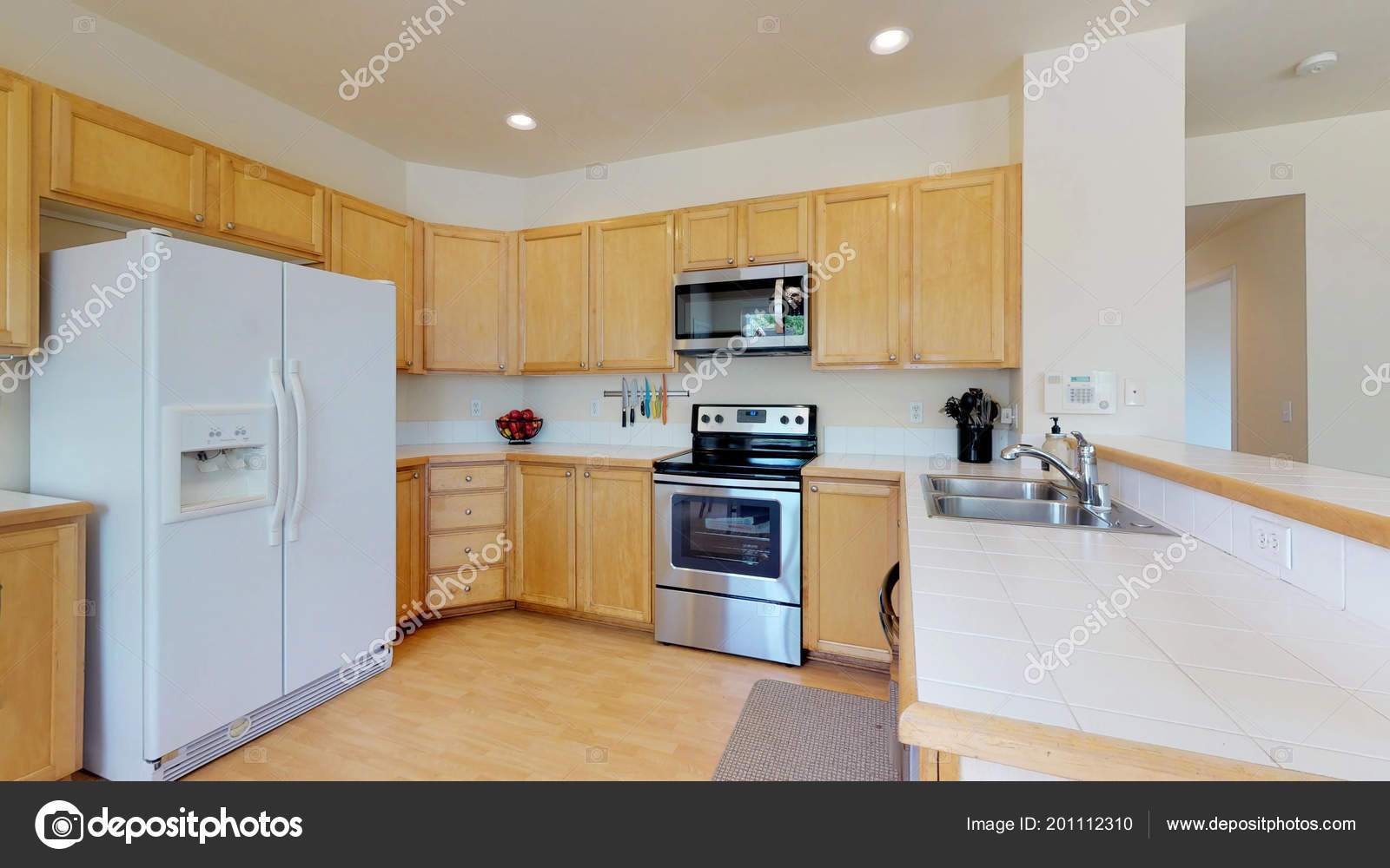 Bright Kitchen Room Light Wood Cabinets Huge Refrigerator Stock