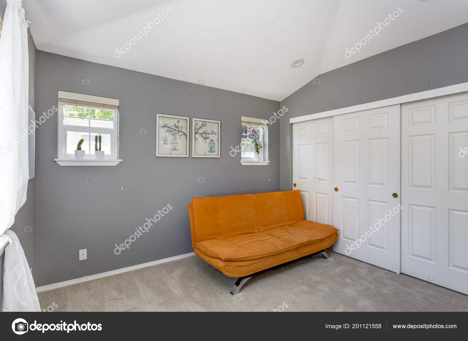Vaulted Ceiling Curtain Ideas Grey Room Interior Orange Sofa