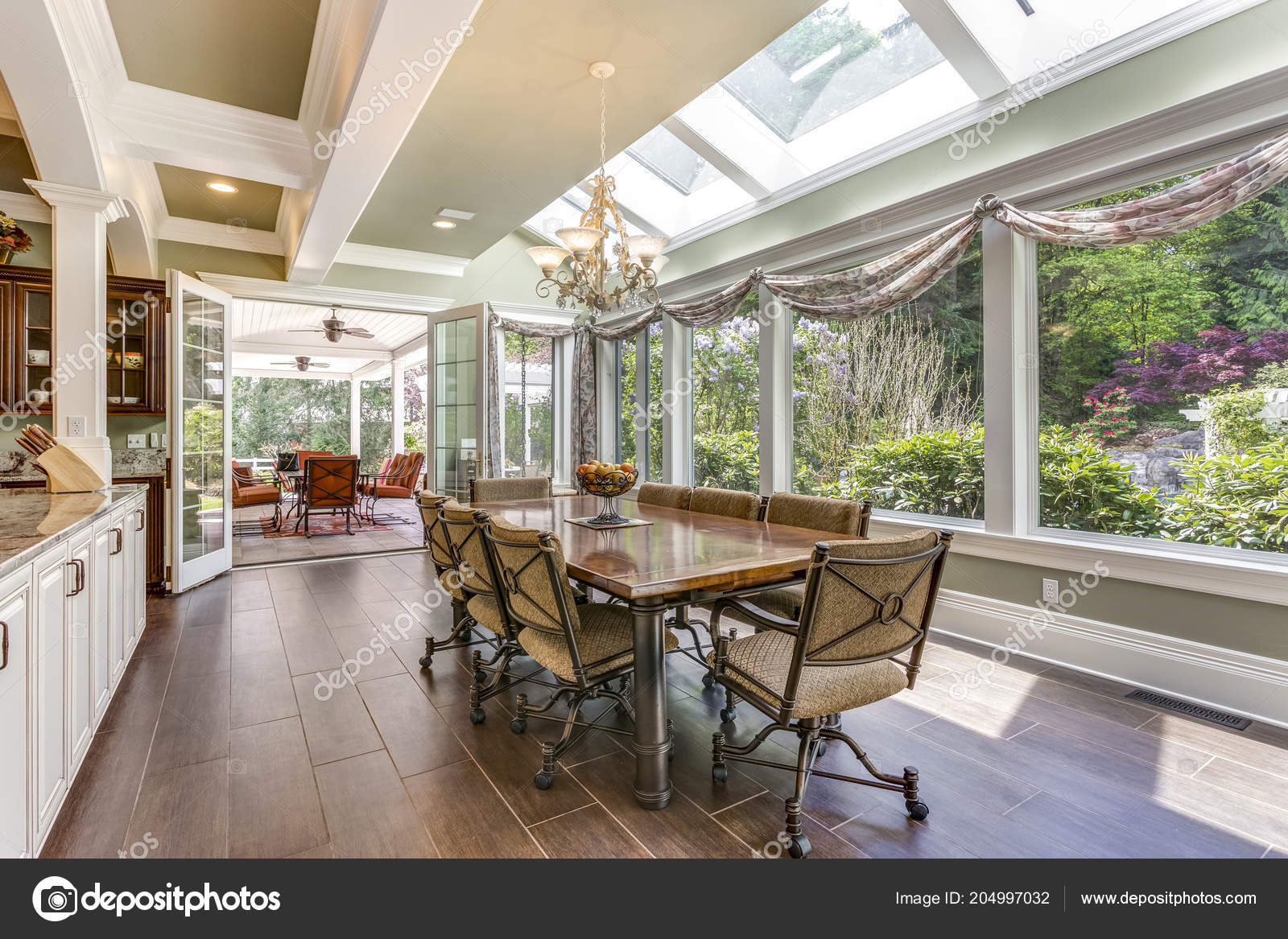 Sun Filled Dining Area Skylight Coffered Ceiling Stock Photo