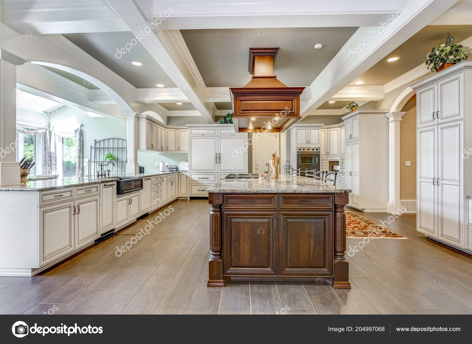 Stunning Kitchen Room Design Large Bar Style Island Coffered