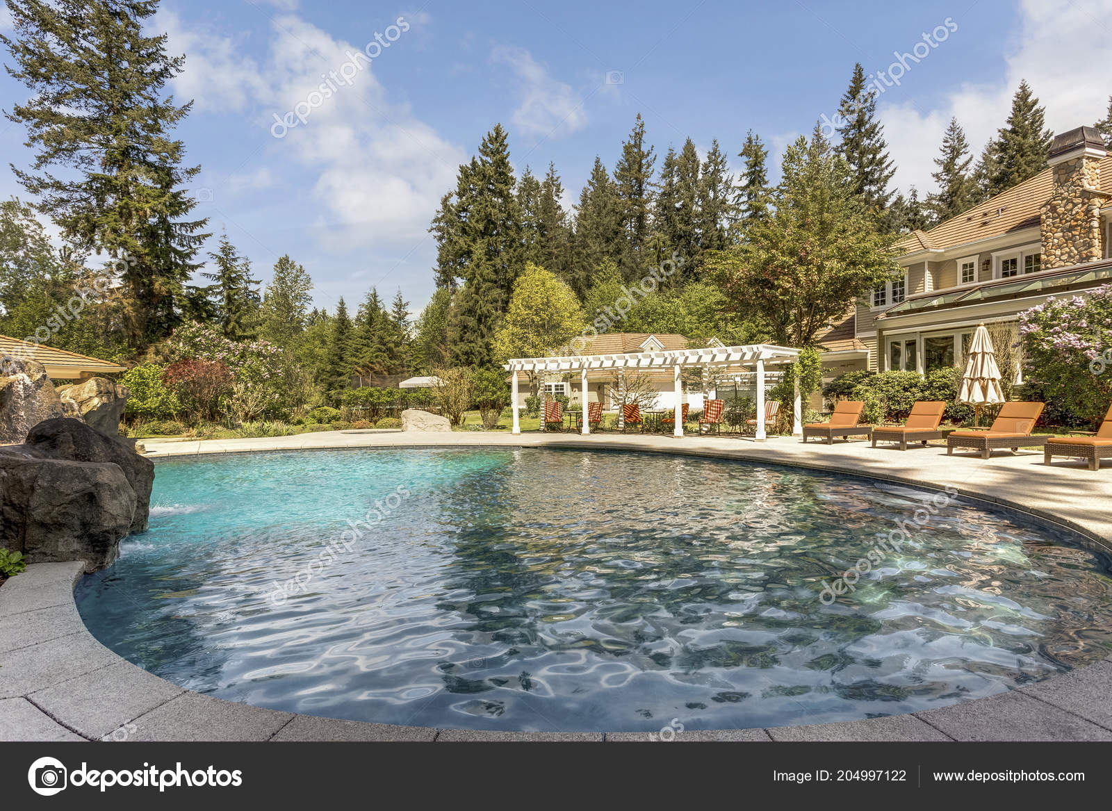 Beautifully Landscaped Backyard Large Pool Loungers Pergola