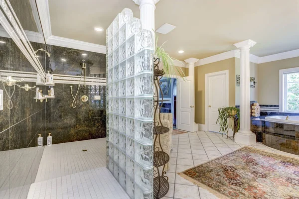 Elegante Baño Principal Interior Con Columnas Blancas Gran Cabina Ducha — Foto de Stock