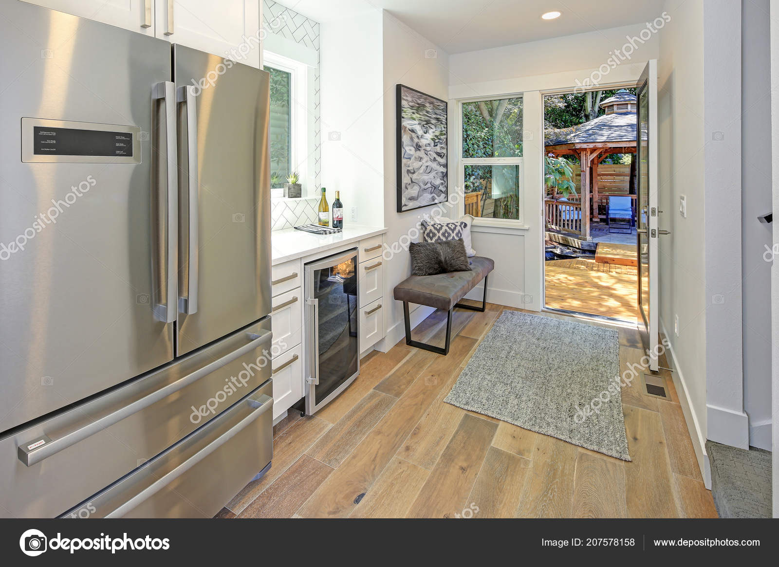 Interior Hallway Wet Bar Huge Refrigerator Open Door Patio Area
