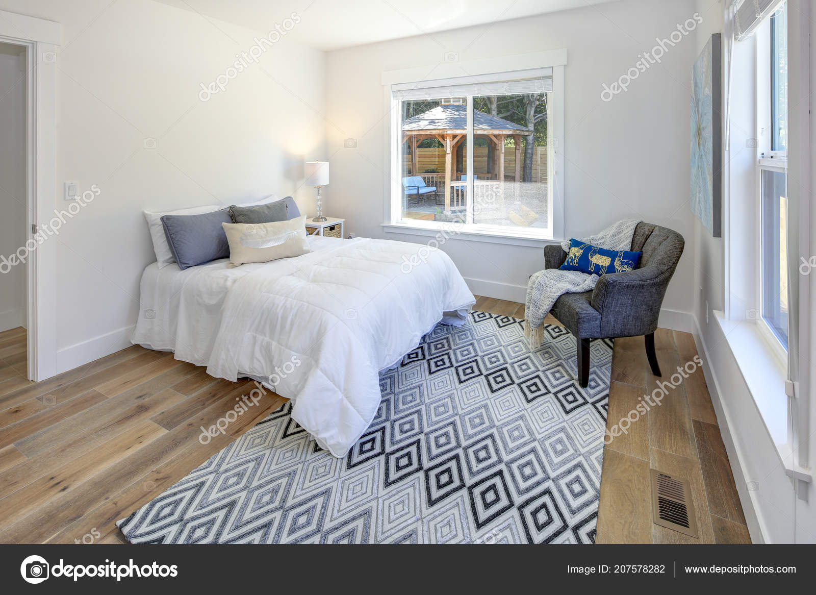 White Bedroom Design Tons Light Large Bed Atop Gray Diamond Stock Photo C Alabn 207578282