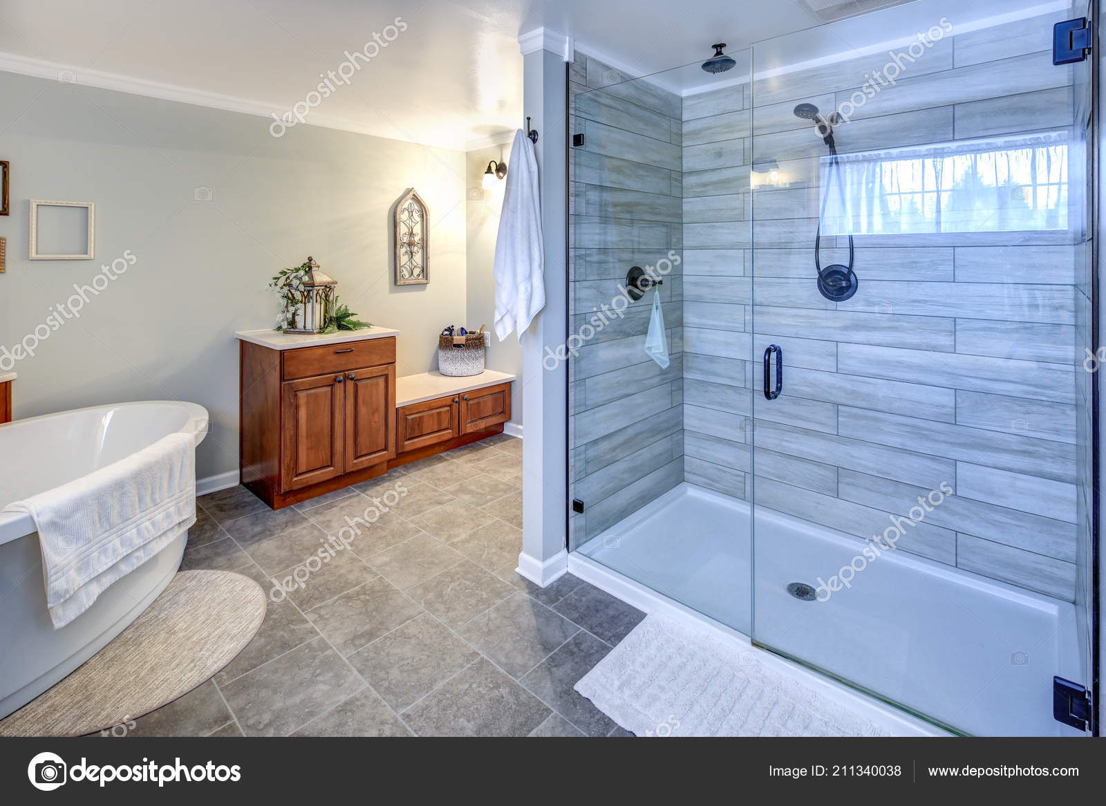 Amazing Master Bathroom Interior Glass Walk Shower Stock