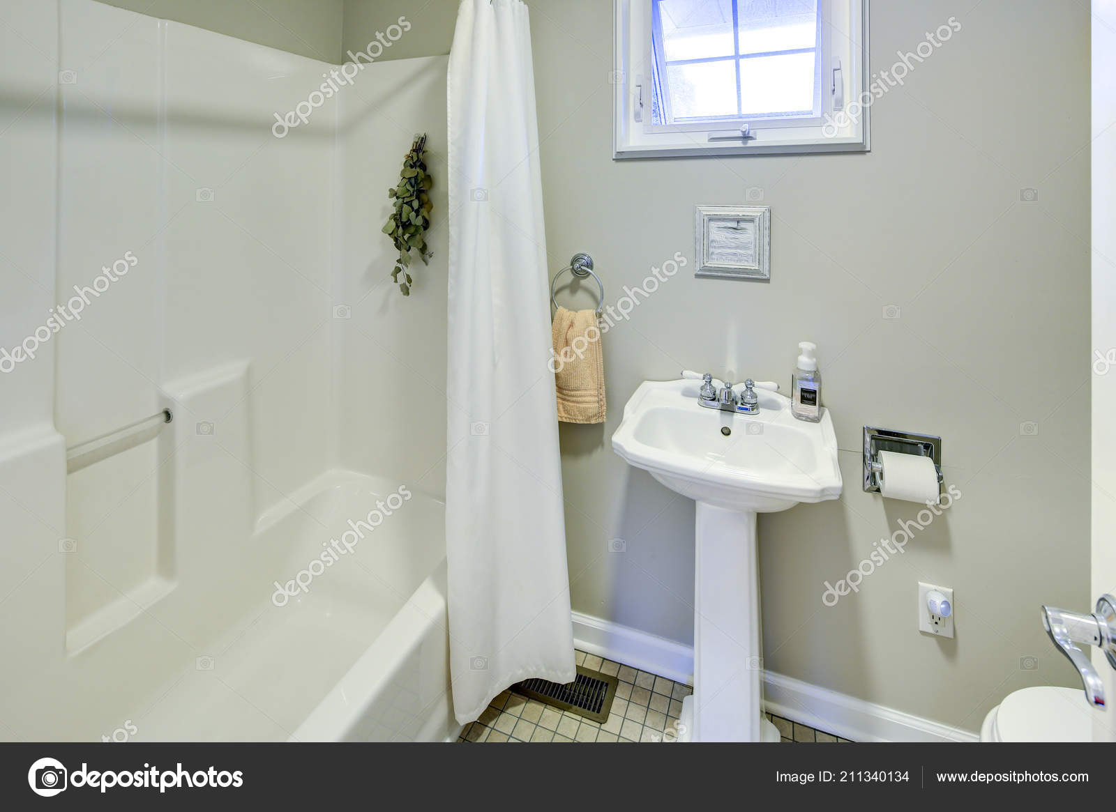 Rustic Bathroom White Pedestal Sink Tiled Floor Stock Photo