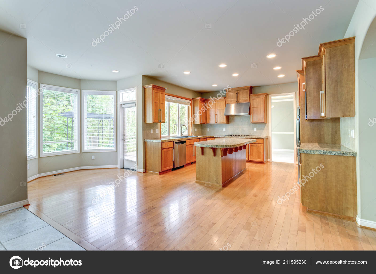Amazing Kitchen Room Honey Colored Cabinets Large Center Island