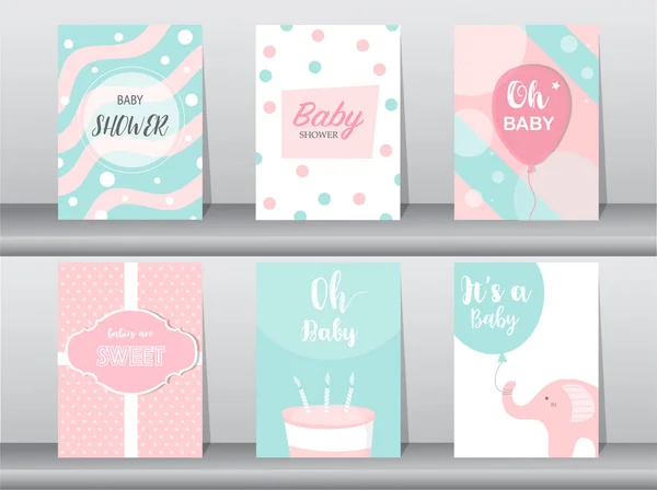 Bebek Duş Davetiyeler kartları, poster, tebrik, şablon, fil, Doğum günü, pasta, tatlı, balon, vektör çizimler kümesi. 