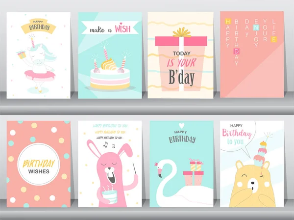 Set Birthday Invitations Cards Poster Greeting Template Animals Unicorn Rabbit — Stock Vector