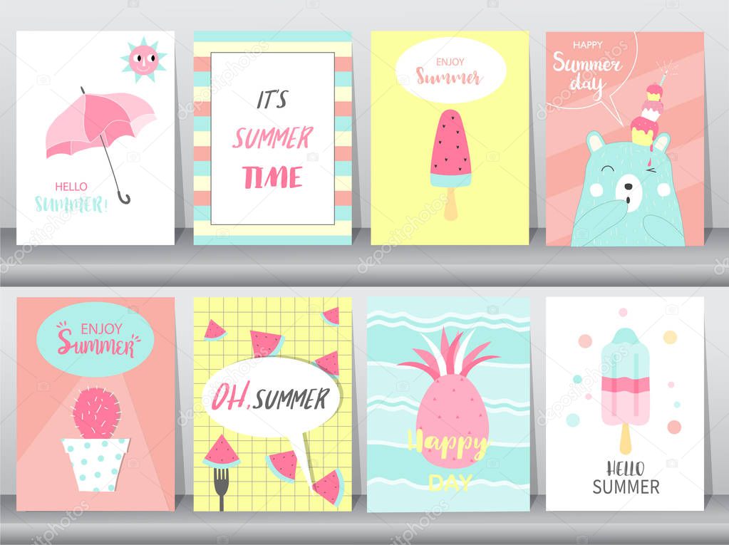 Set of summer card on pattern design,poster,template,greeting,cards,fruits,ice cream,Vector illustrations