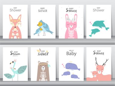 Bebek Duş Davetiyeler kartları, dizi poster, tebrik, şablon, hayvan, tavşan, pasta, leylek, kaz, balina, kuşlar, geyik, vektör çizimler