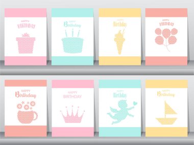 Kağıt kartları, Doğum günü davetiyeleri dizi poster, tebrik, şablon, hayvanlar, kek, dondurma, vektör çizimler 