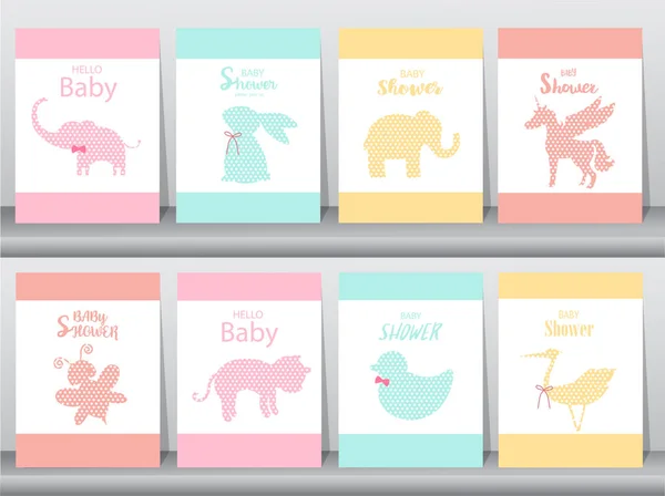 Aantal Baby Shower Uitnodigingen Papieren Kaarten Poster Groeten Sjabloon Dieren — Stockvector