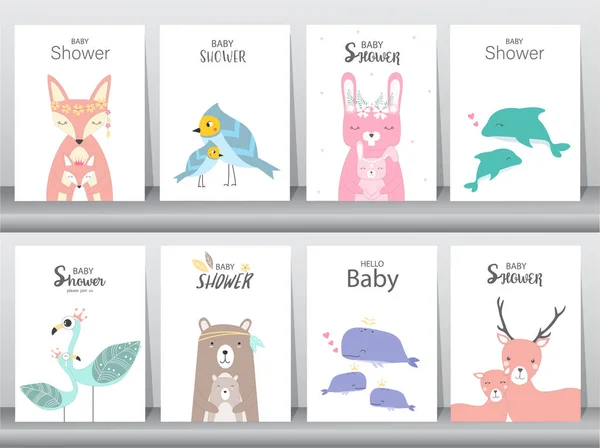 Set Baby Shower Invitations Cards Poster Greeting Template Animals Rabbit — Stock Vector