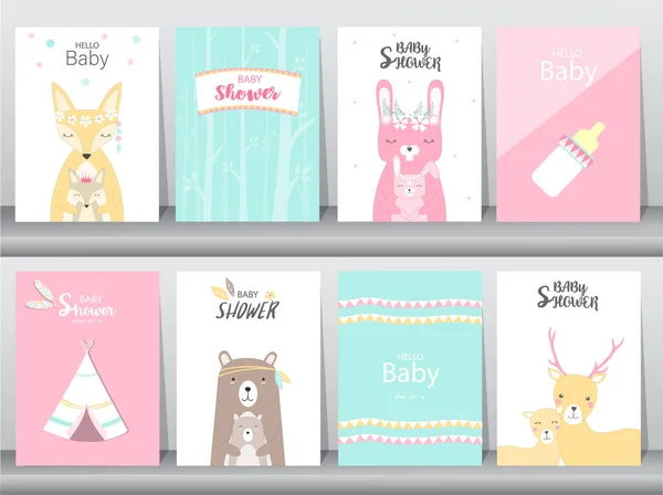 Aantal Baby Shower Uitnodigingen Kaarten Poster Groeten Sjabloon Dieren Konijn — Stockvector