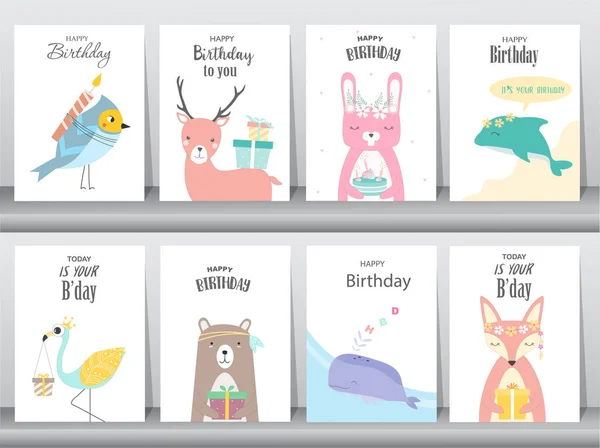 Набор Поздравительных Открыток День Рождения Плакат Поздравление Шаблон Животные Кролик — стоковый вектор