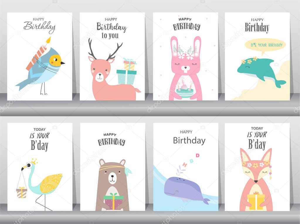 Set of birthday invitations cards, poster, greeting, template, animals,rabbit,cake,stork,goose,whale,birds,deer,Vector illustrations 