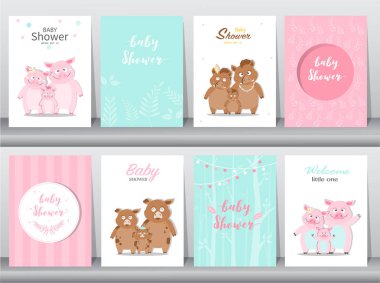 Bebek Duş Davetiyeler kartları, dizi poster, tebrik, şablon, hayvanlar, yaban domuzu, domuz, domuz, vektör çizimler 