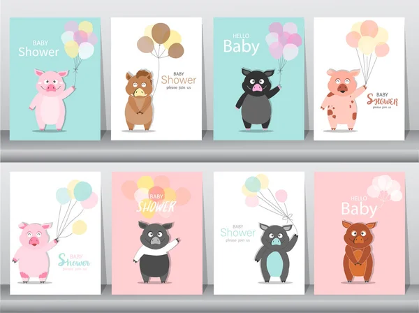 Portret Hog Familie Baby Shower Uitnodigingen Kaarten Poster Greeting Sjabloon — Stockvector