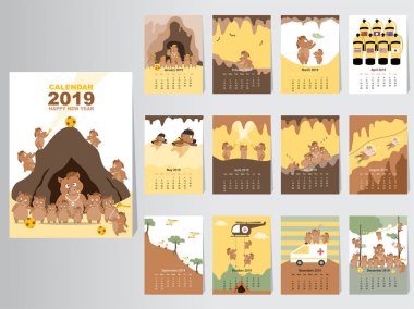 Komik hayvan takvim 2019, domuz aylık kart şablonları, yılın 12 ayı, aylık çocuklar, Tay Mağarası kurtarma, vektör çizimler Set tasarımı