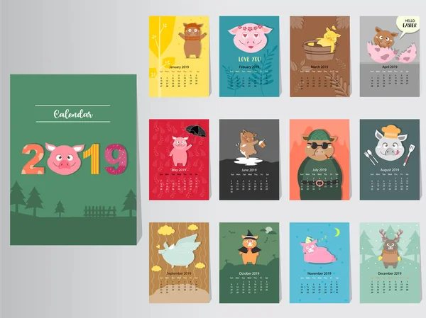 Дизайн Веселого Календаря Тварин 2019 Рік Рік Шаблонів Щомісячних Карт — стоковий вектор