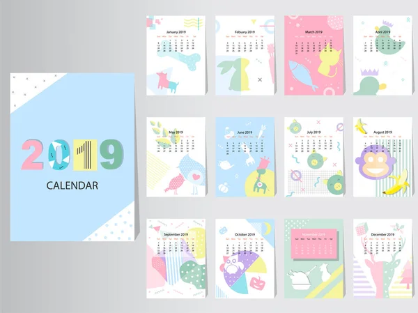 Kalender 2019 Vektor Formgivningsmall Med Abstrakta Mönster Set Månader Vektor — Stock vektor