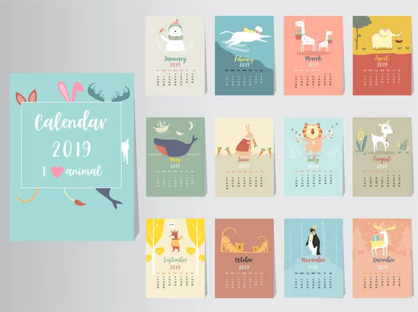 Милий Дизайн Календаря Тварин 2019 Року Рік Шаблонів Щомісячних Карт — стоковий вектор