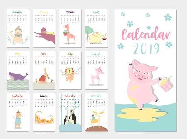 Söt Djur Kalender 2019 Design Uppsättning Året Gris Månatliga Kort — Stock vektor