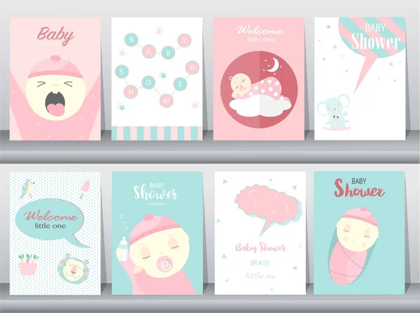 Aantal Baby Shower Uitnodigingen Kaarten Poster Groeten Sjabloon Dieren Cute — Stockvector