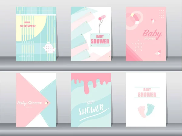 Set Baby Shower Card Retro Pattern Design Vintage Poster Template — Stockvector