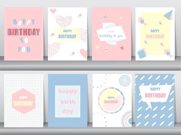 Набор открыток на день рождения по дизайну ретро-шаблона, винтаж, плакат, шаблон, поздравление, векторные иллюстрации — стоковый вектор