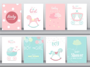 Dizi baby shower davetiye, Doğum günü kartları, poster, şablon, tebrik kartları, Sevimli, kawaii, sallanan at, vektör çizimler 
